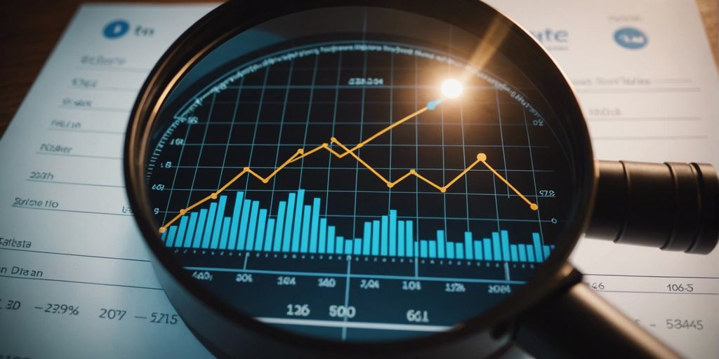 Graph showing upward trends, social media icons, and magnifying glass highlighting data points for strategy analysis.