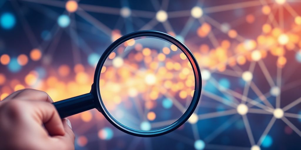 Magnifying glass over a glowing digital network.