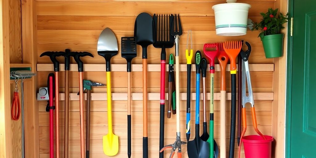 Stylish garden tool wall organizer with various tools neatly arranged.