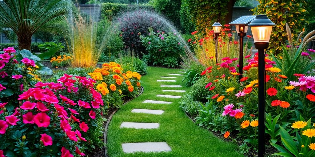 Jardim vibrante com irrigação automatizada e luzes solares.