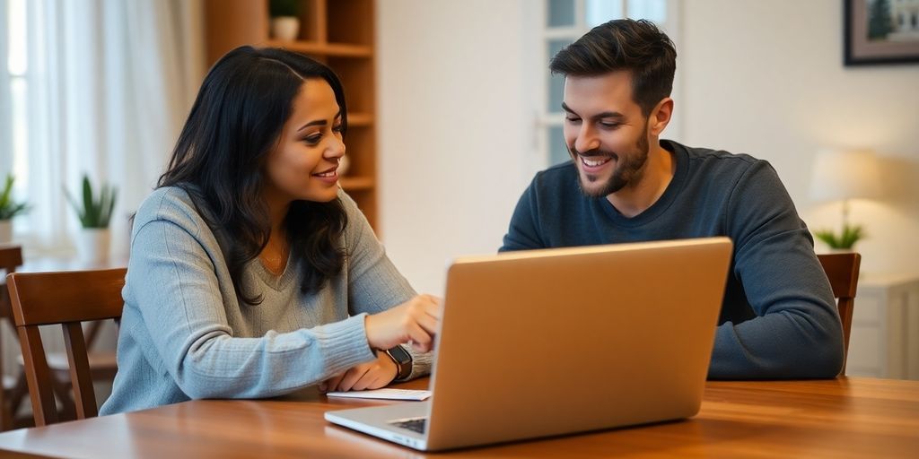 Couple discussing finances at a dining table.