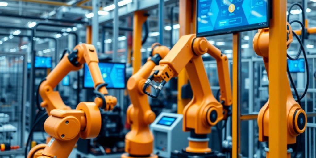 Modern factory with robots and digital technology integration.