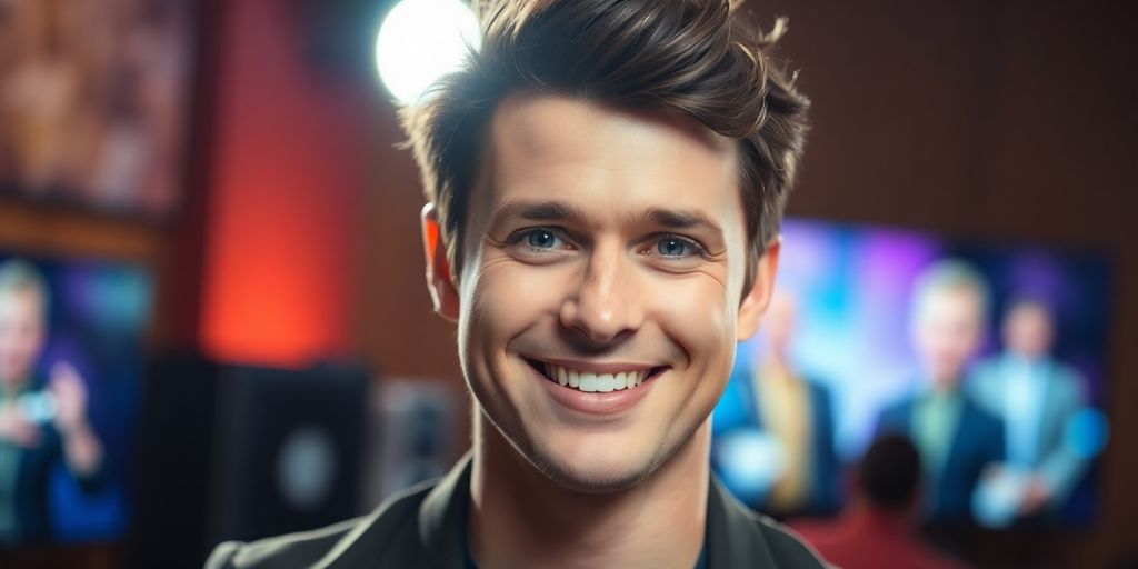 Jonathan Groff smiling in front of a television set.