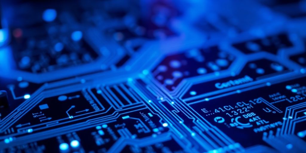Close-up of a blue-lit circuit board and binary code.