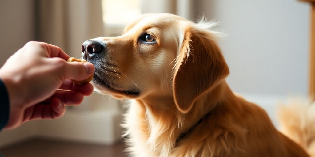 Happy dog responding to owner with a treat.