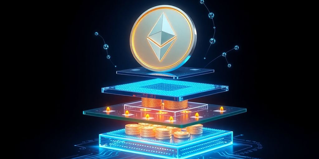 Silver Ethereum coin floats above glowing layered digital circuit platforms