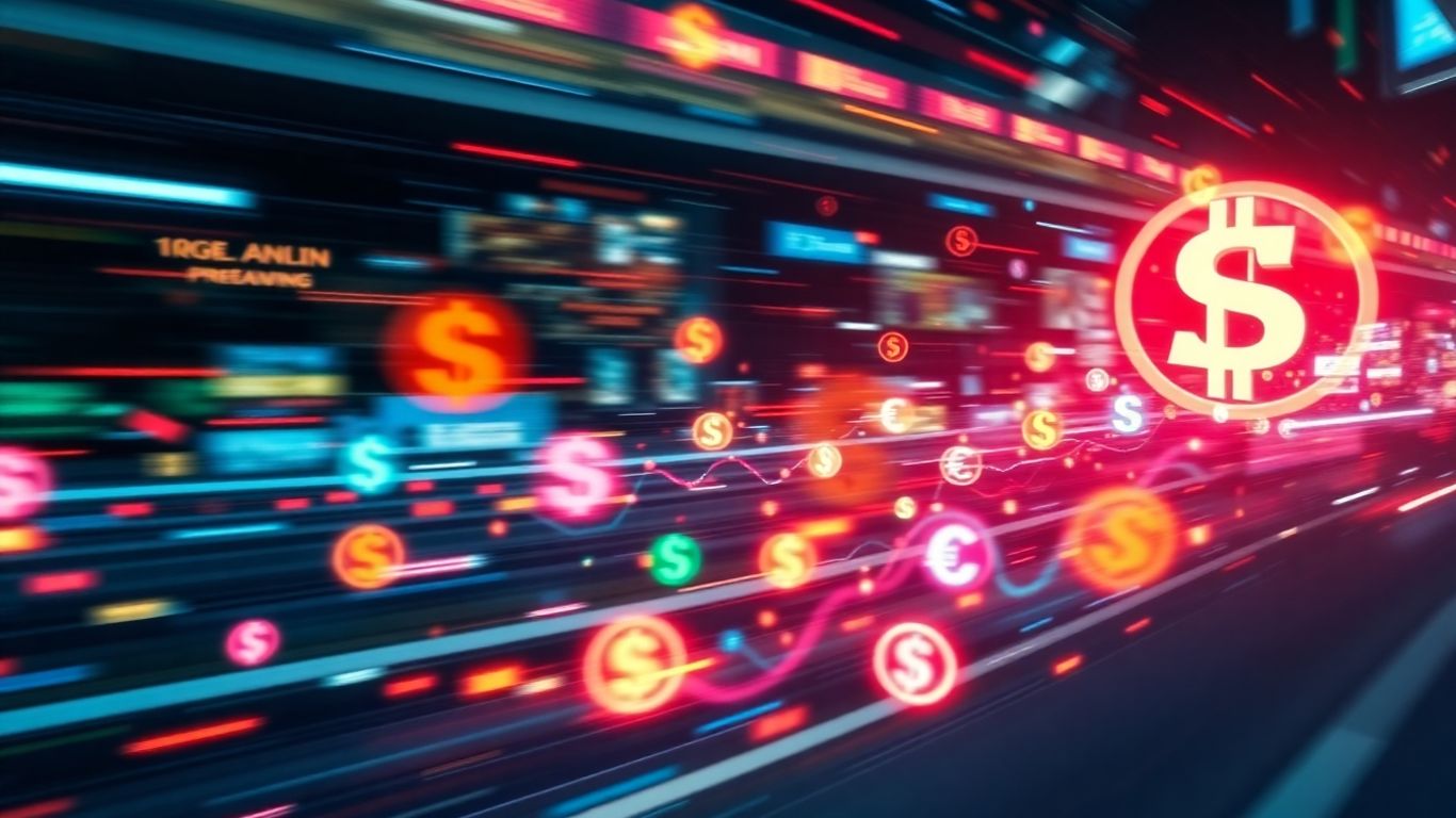 Digital currency icons in motion, suggesting financial opportunity.