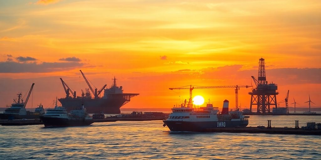 Ships and energy infrastructure in a vibrant harbor scene.
