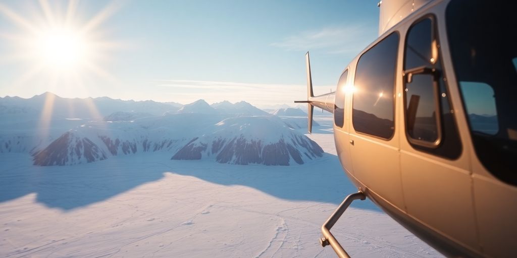 A helicopter flies over a vast Alaskan glacier and mountains.