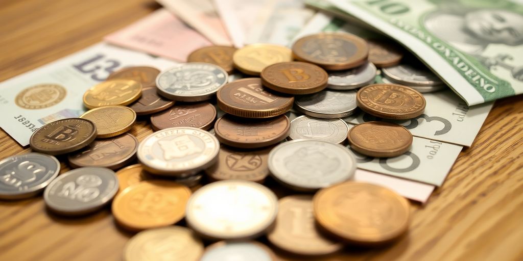 Une collection de pièces et billets variés sur table.