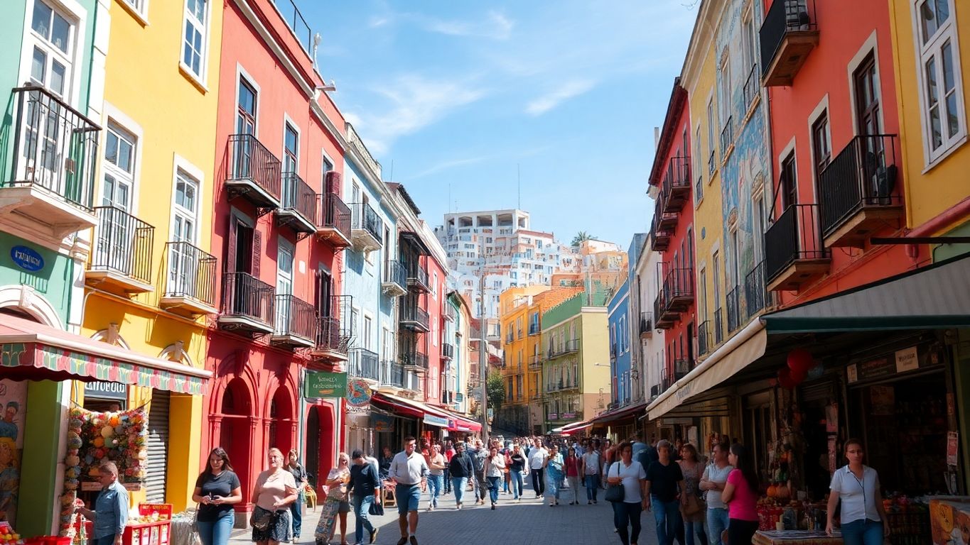 Cenas vibrantes de Valparaíso com casas coloridas.