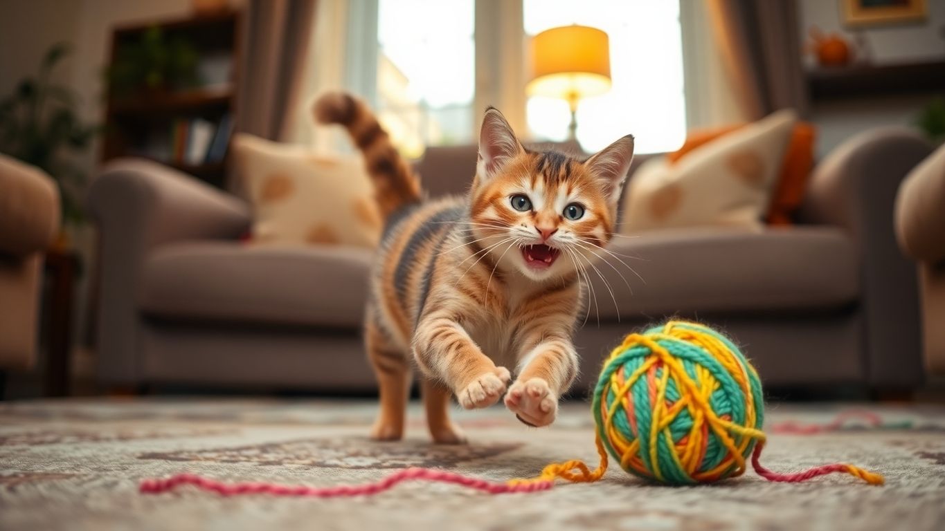 Gato brincando com novelo de lã colorido.