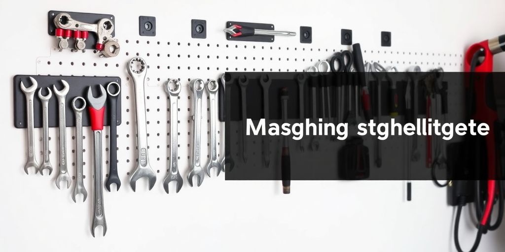 Magnetic tool holders with assorted tools on a garage wall.
