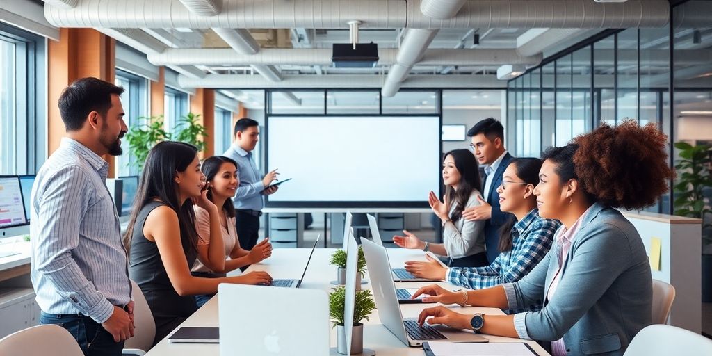Diverse professionals collaborating in a modern office environment.