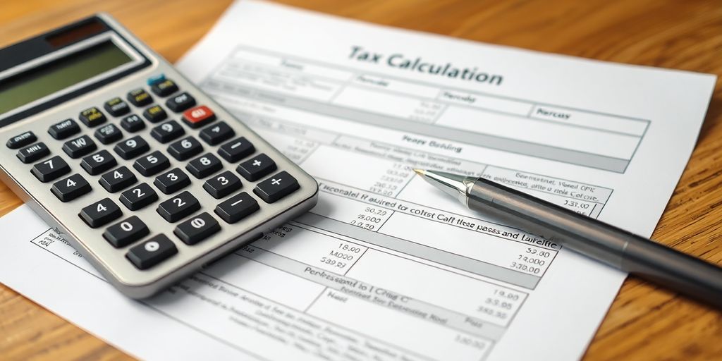 Calculatrice, documents fiscaux et stylo sur un bureau.
