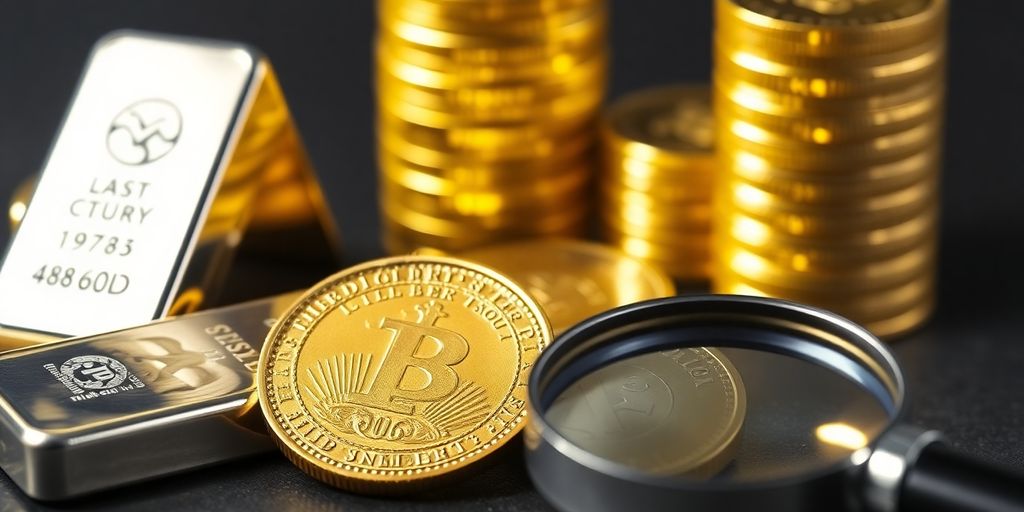 Gold coins, silver bars, magnifying glass, antique coin.