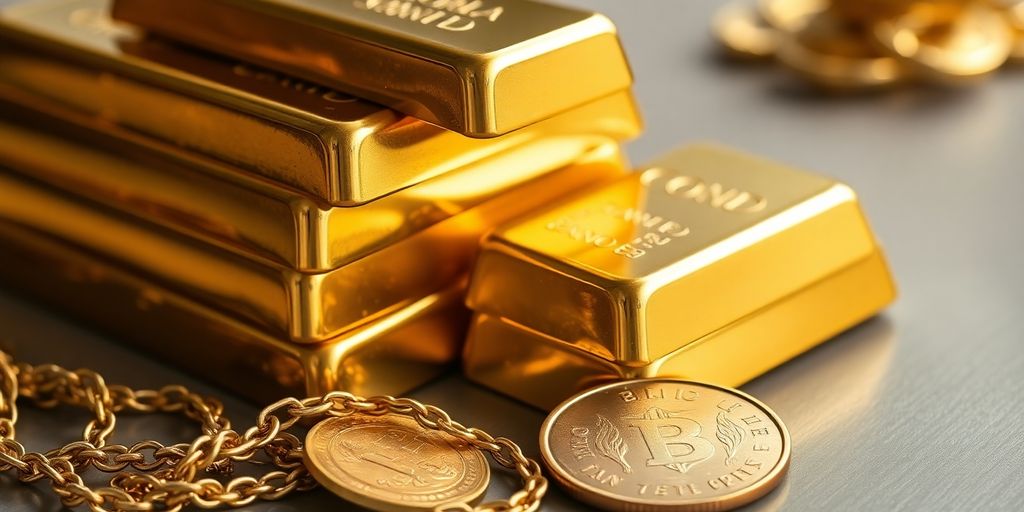 Lingots d'or empilés, chaîne et pièce vieilles