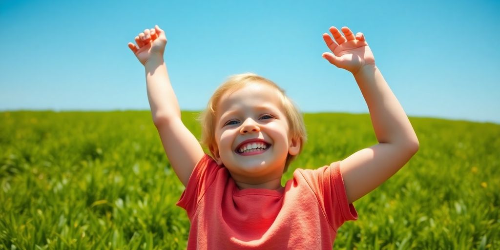 Happy child with strong arms raised.