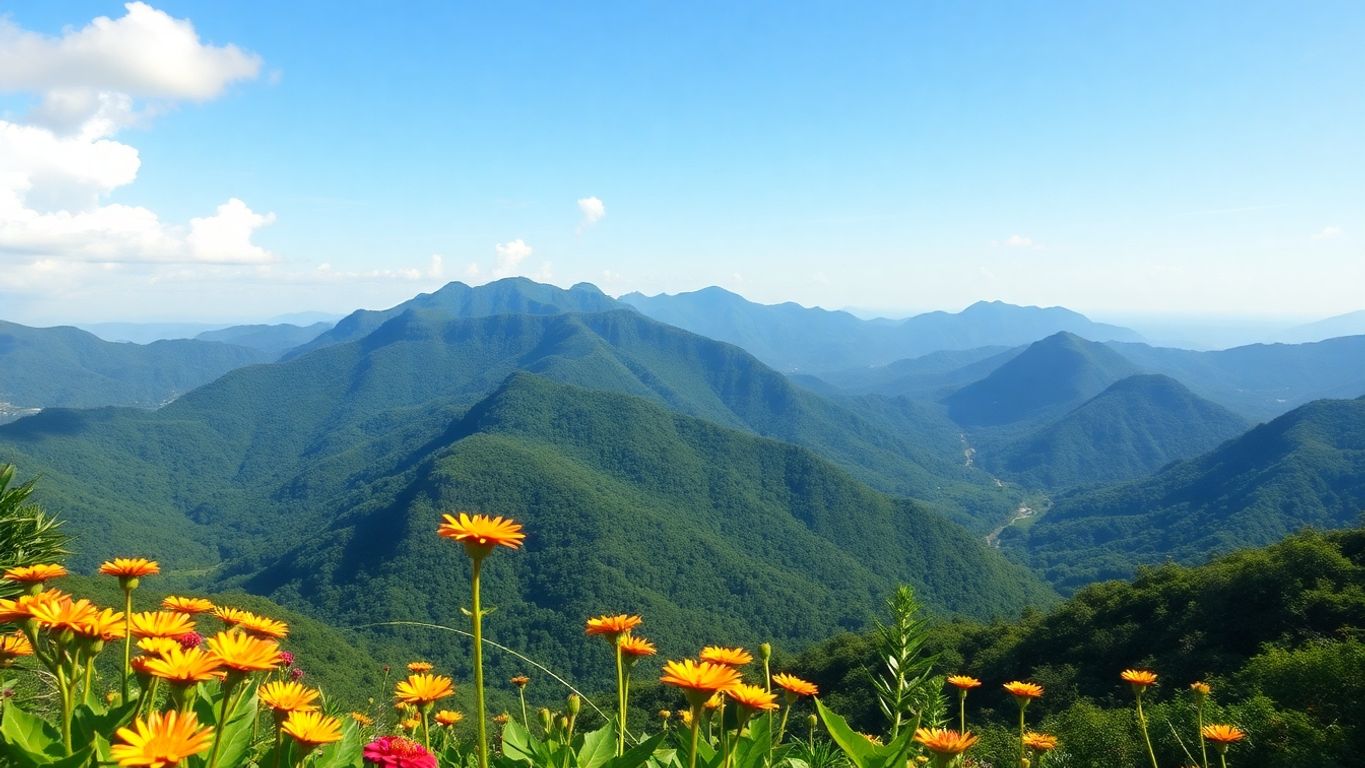 Vista de montanhas verdes e flores coloridas.