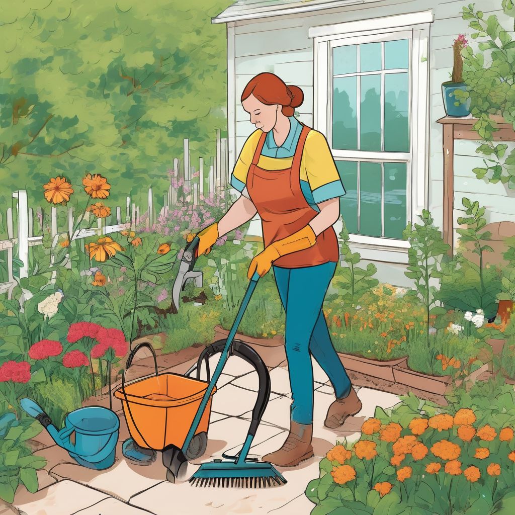 person cleaning garden with tools and maintaining plants