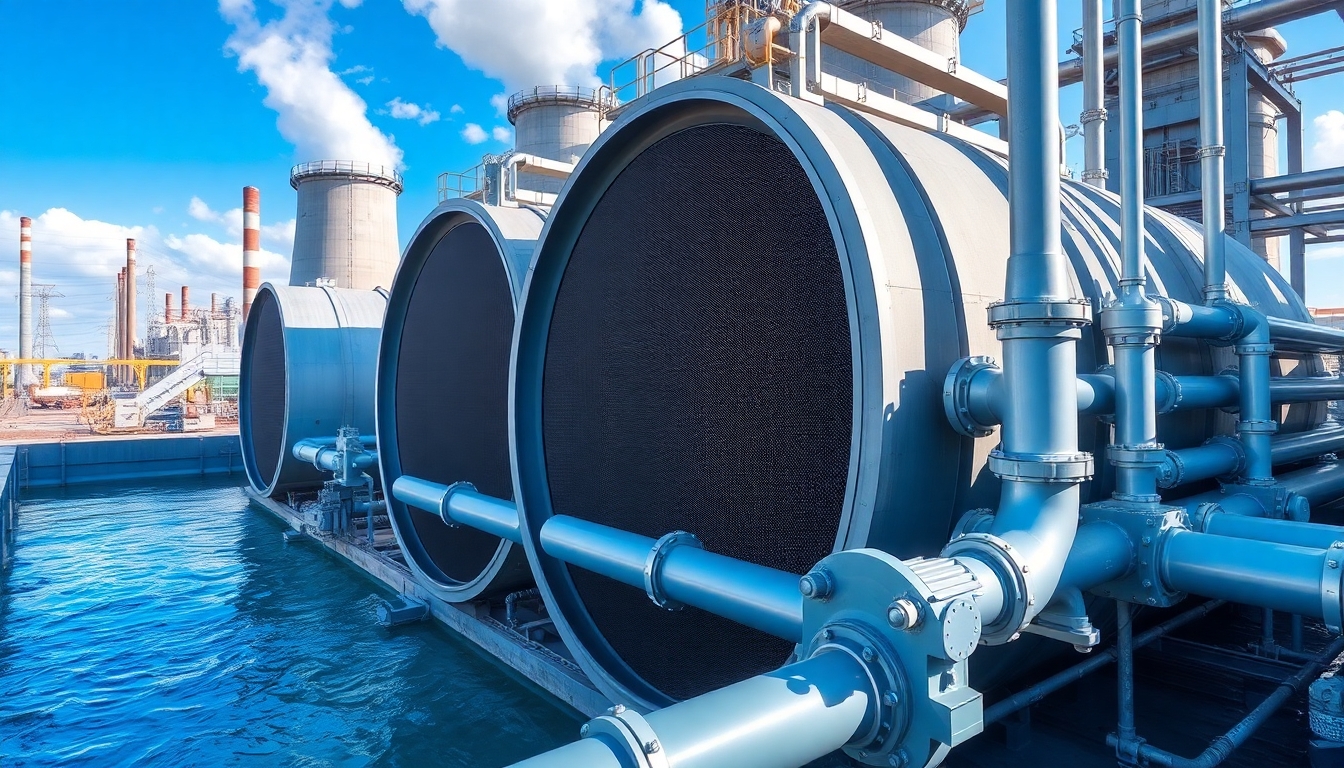 Water-cooled condenser in a power plant with cooling towers.