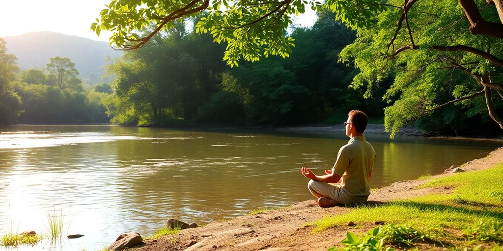 Person meditating in a peaceful Thai natural setting.