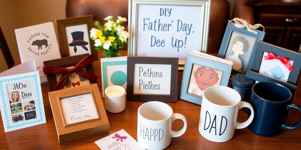 Colorful DIY gifts for Father's Day on a table.