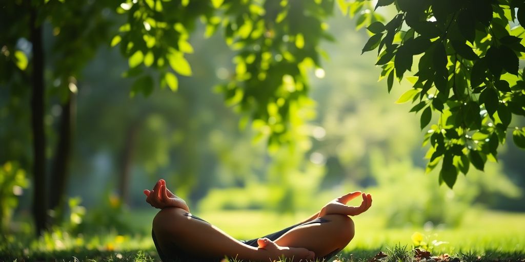 Serene person meditating outdoors, calm, peaceful setting.