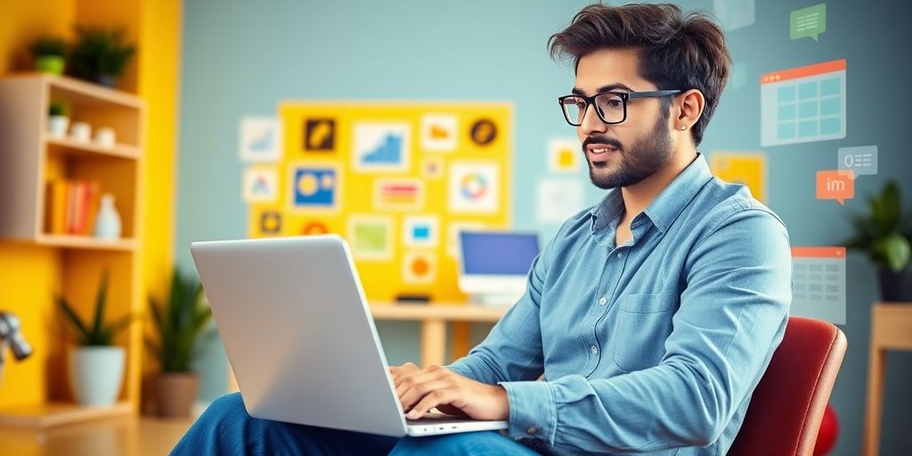 Small business owner designing a website on a laptop.