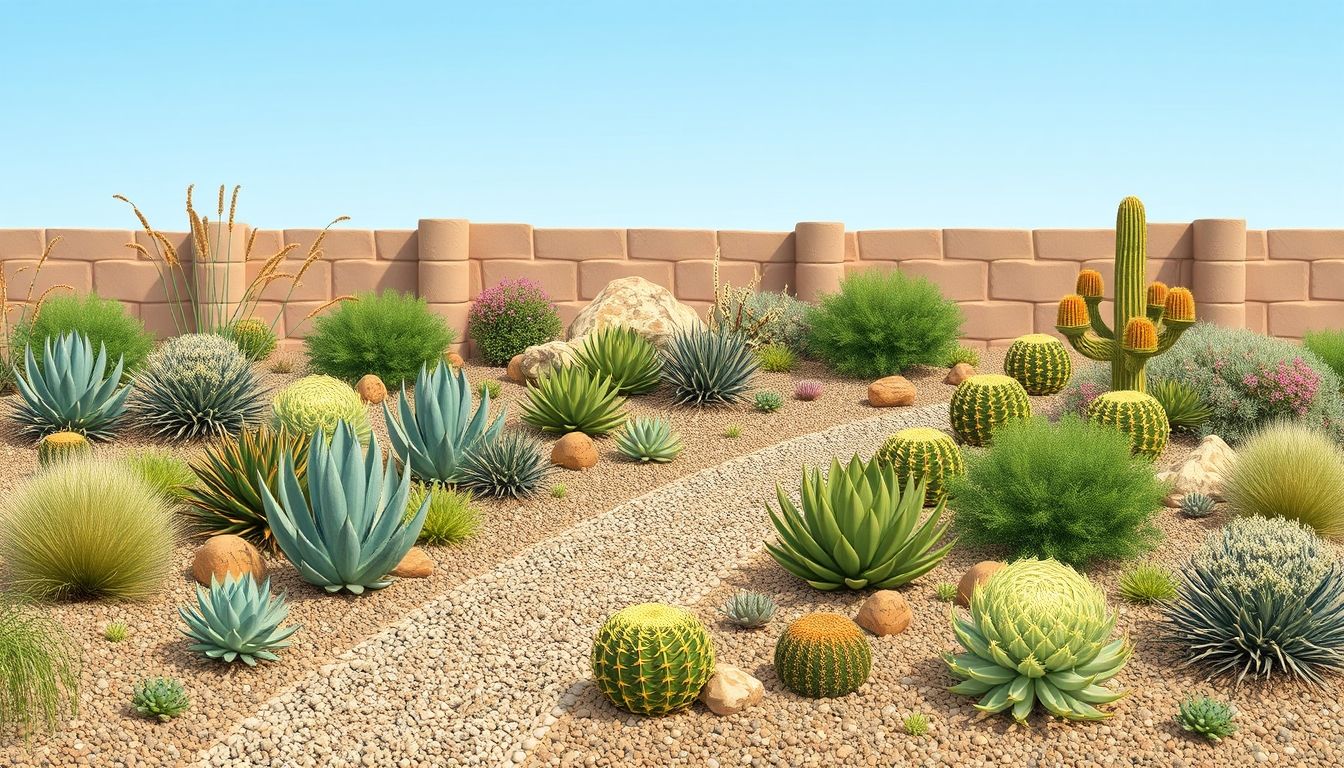 Drought-tolerant garden with succulents and gravel paths