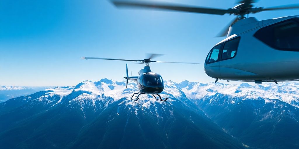 A helicopter flying over vast, snow-covered Alaskan mountains.