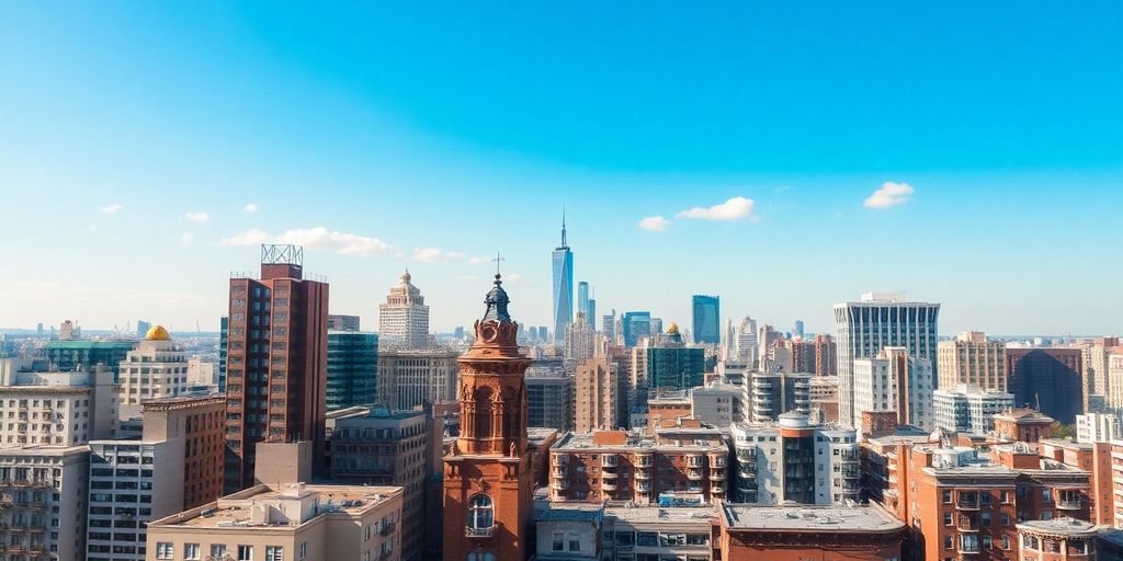 Colorful city skyline with diverse buildings.