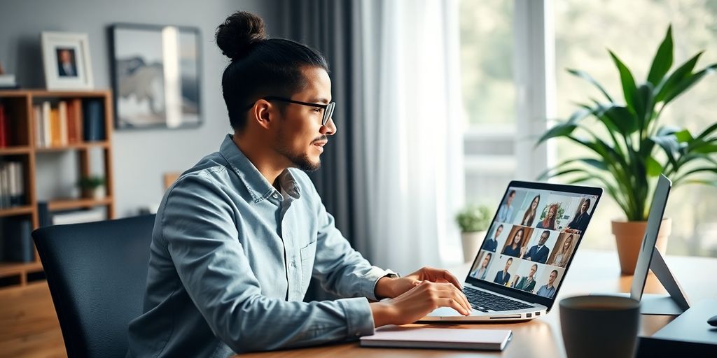 Person on video call in a cozy home office.