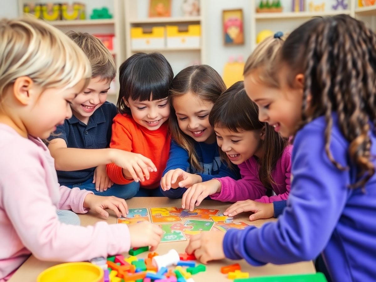 Copii jucându-se împreună la o activitate colaborativă.