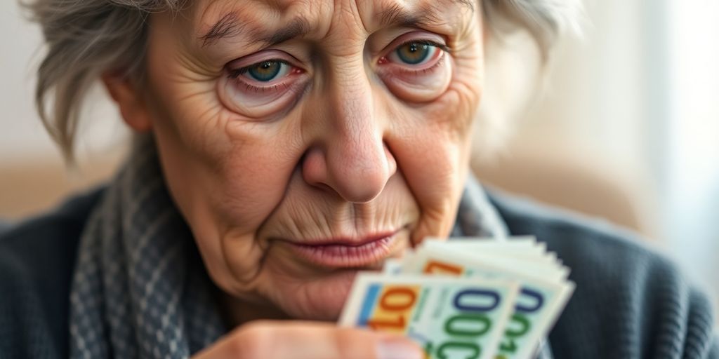 Femme âgée regardant de l'argent avec inquiétude