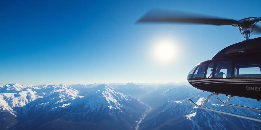 A helicopter flies over pristine, snow-covered Alaskan mountains.