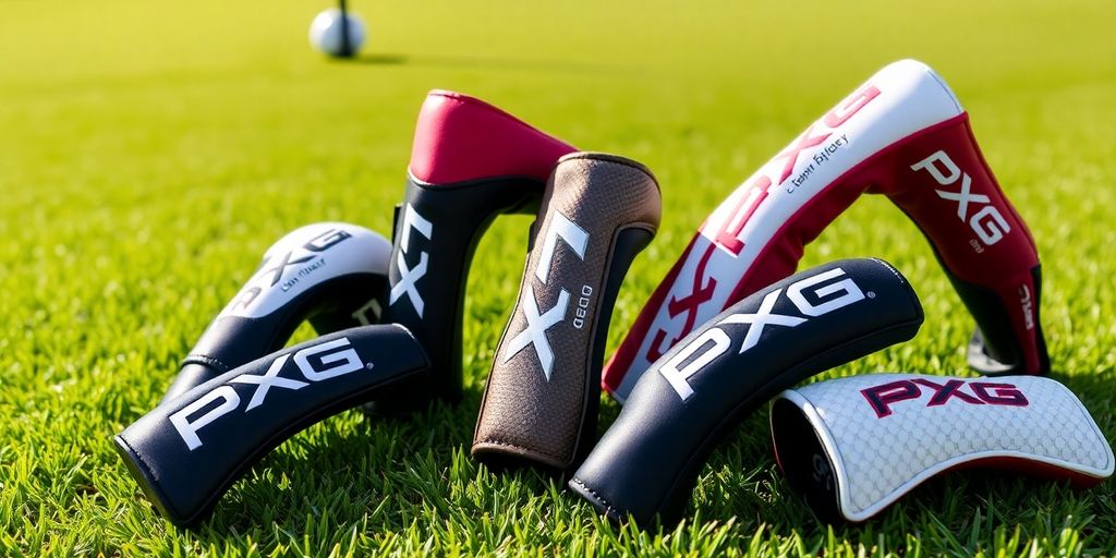 PXG putter headcovers, various designs, on a golf course.