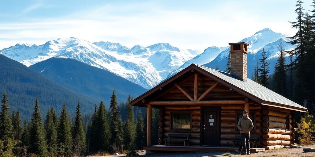 A person by a rustic cabin in front of Alaskan mountains.