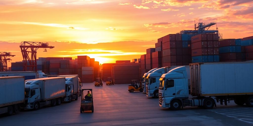 Trucks, cargo, logistics hub, global trade.