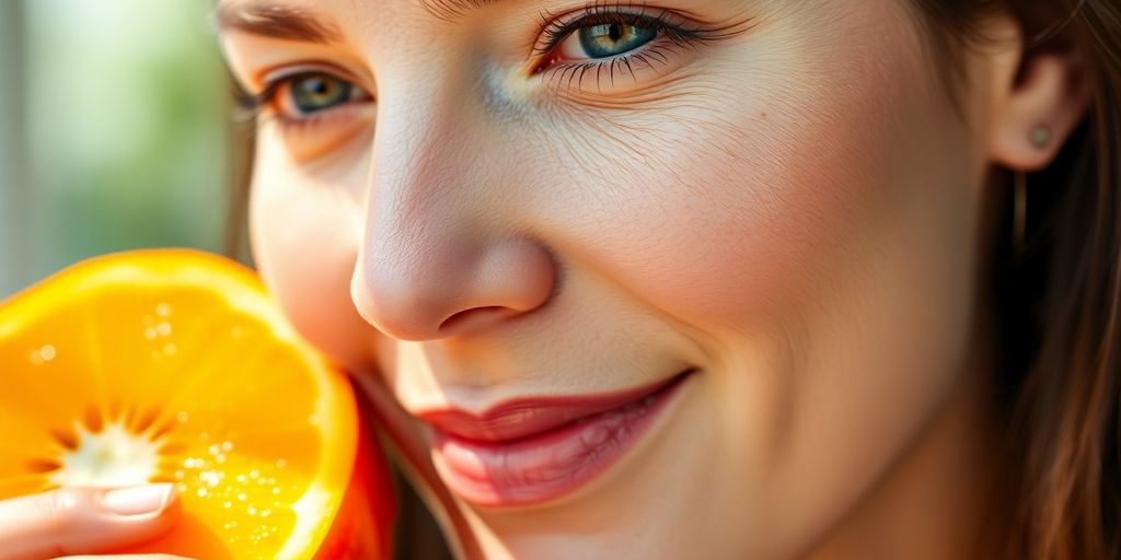 Woman with glowing skin holding a fresh fruit