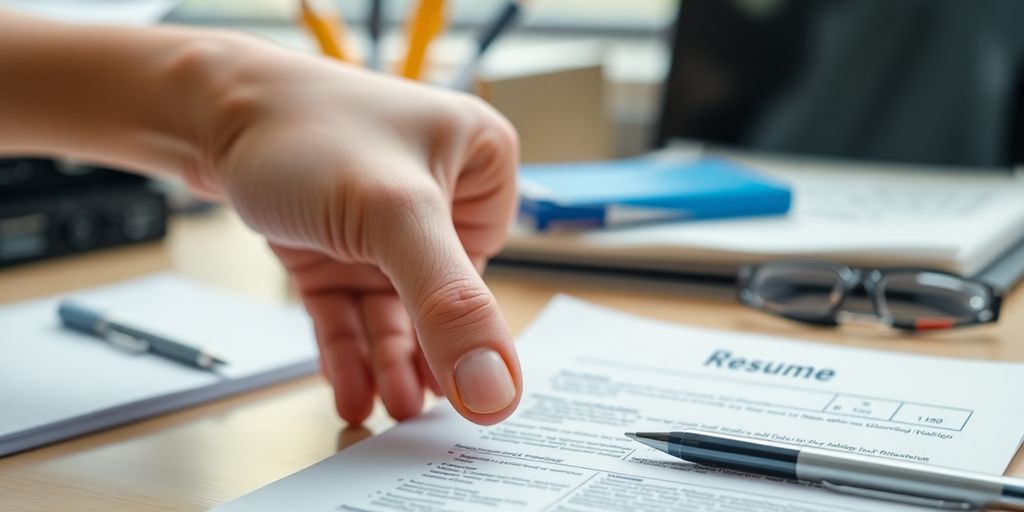 Person reviewing documents on a desk.