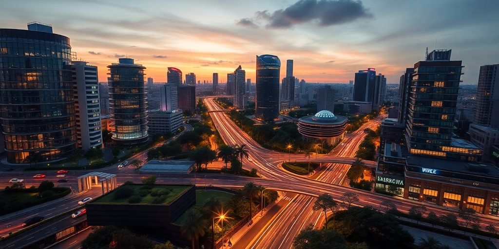 View of a smart city with modern buildings.