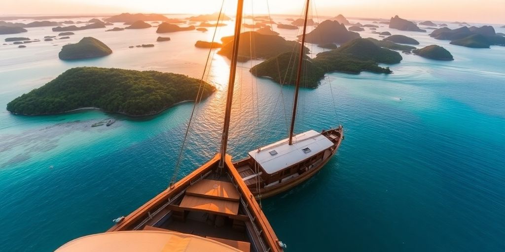 Phinisi boat sailing in Komodo National Park at sunset.