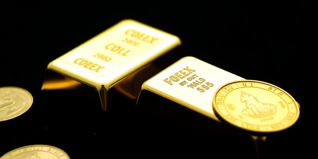 Barres et pièces d'or sur un fond sombre.