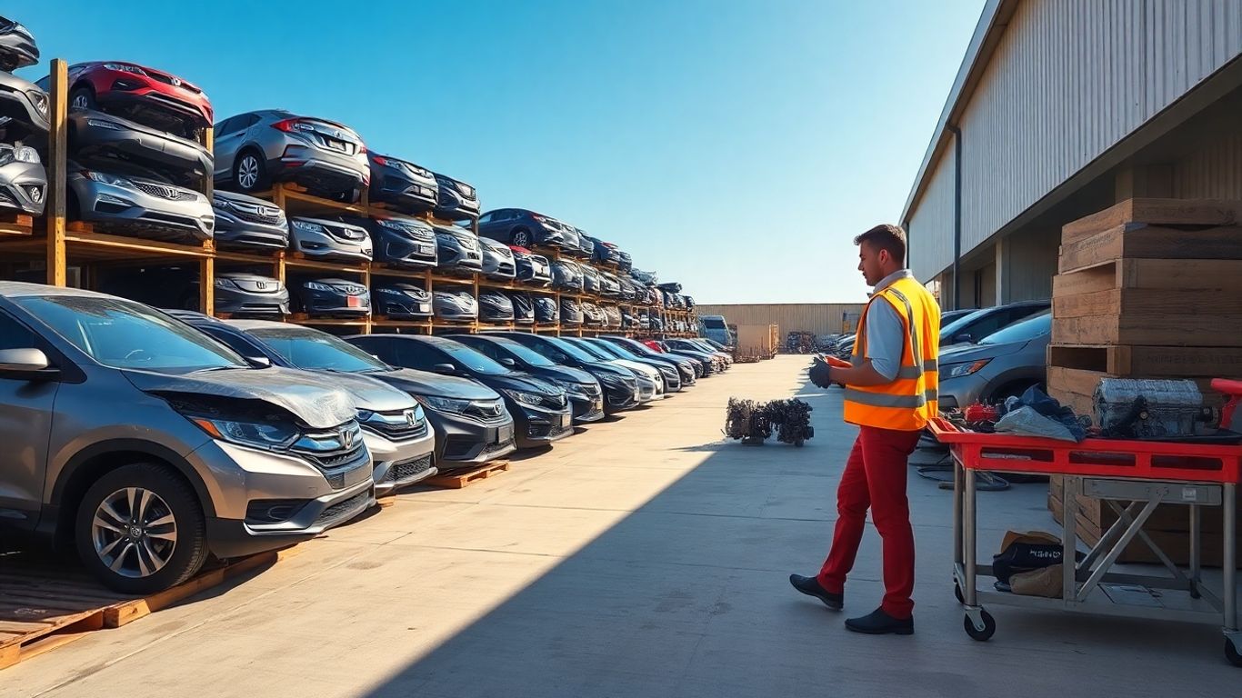 Mechanic inspects headlight among Honda CR-Vs in organized salvage yard.