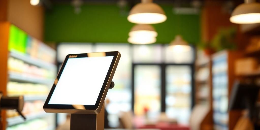 Close-up of a modern POS terminal with a blurred business background.
