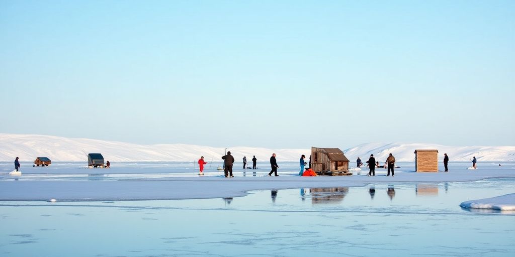 Ice fishing scene on frozen Devils Lake, North Dakota.