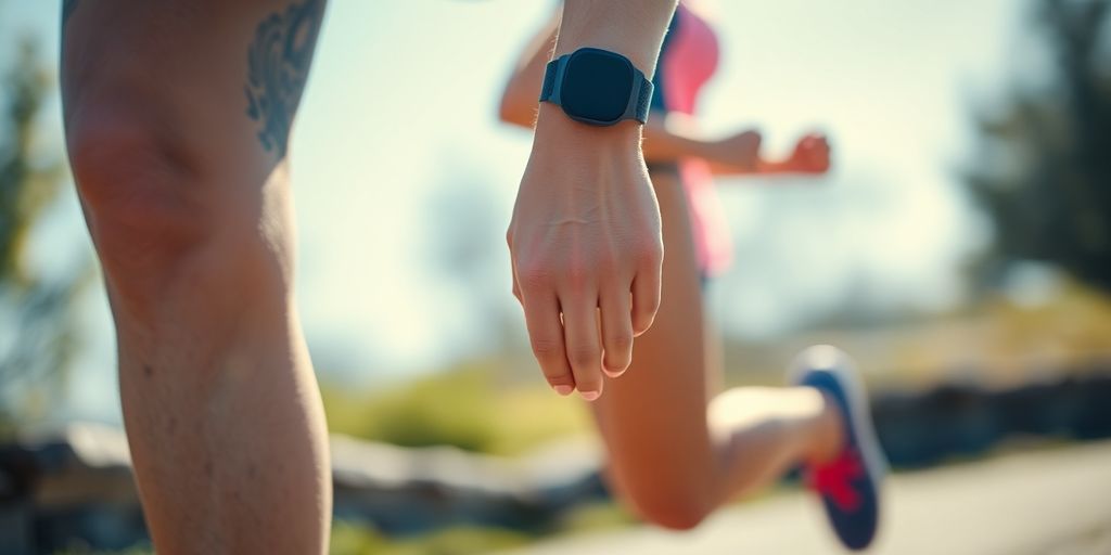 Person running outdoors, heart rate monitor visible.