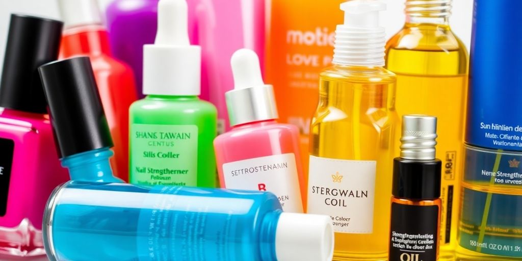 Produtos coloridos para fortalecer unhas saudáveis.