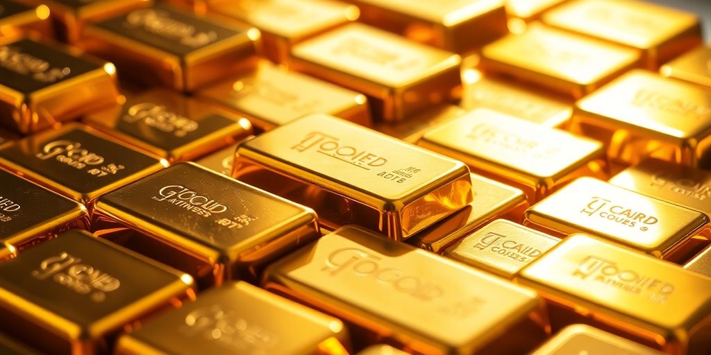 Gleaming gold bars stacked high.